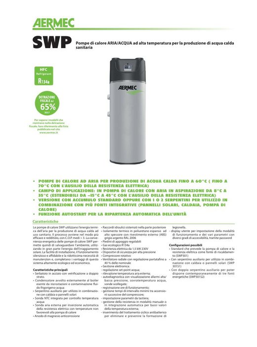 Aermec SWP - Pompa di calore per acqua calda sanitaria