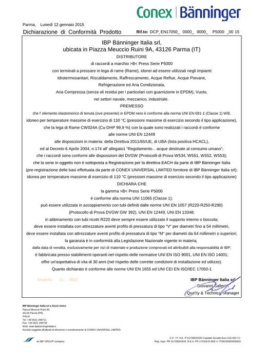 Raccordi - Dichiarazione di conformità