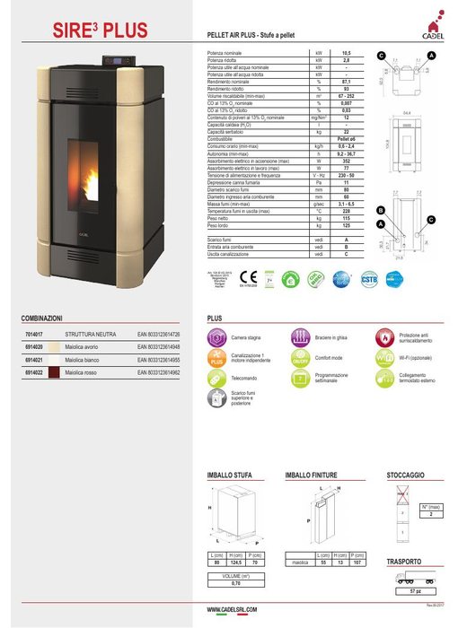 Sire 3 Plus - Scheda tecnica stufa a pellet
